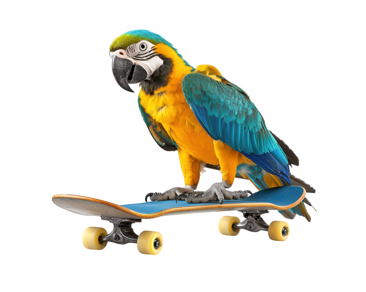A parrot sitting on a skateboard with a black background png
