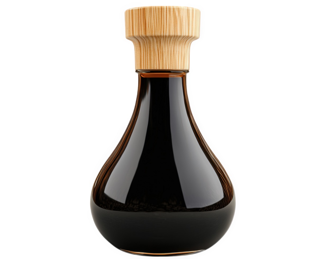 A bottle of soy sauce with a wooden lid png
