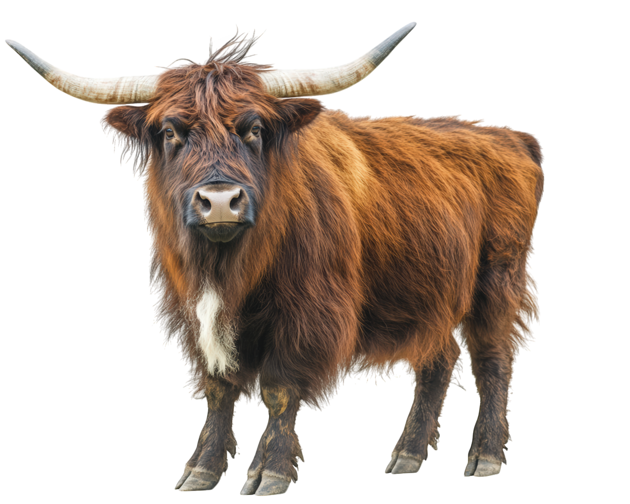 A brown cow with long horns standing in front of a black background png