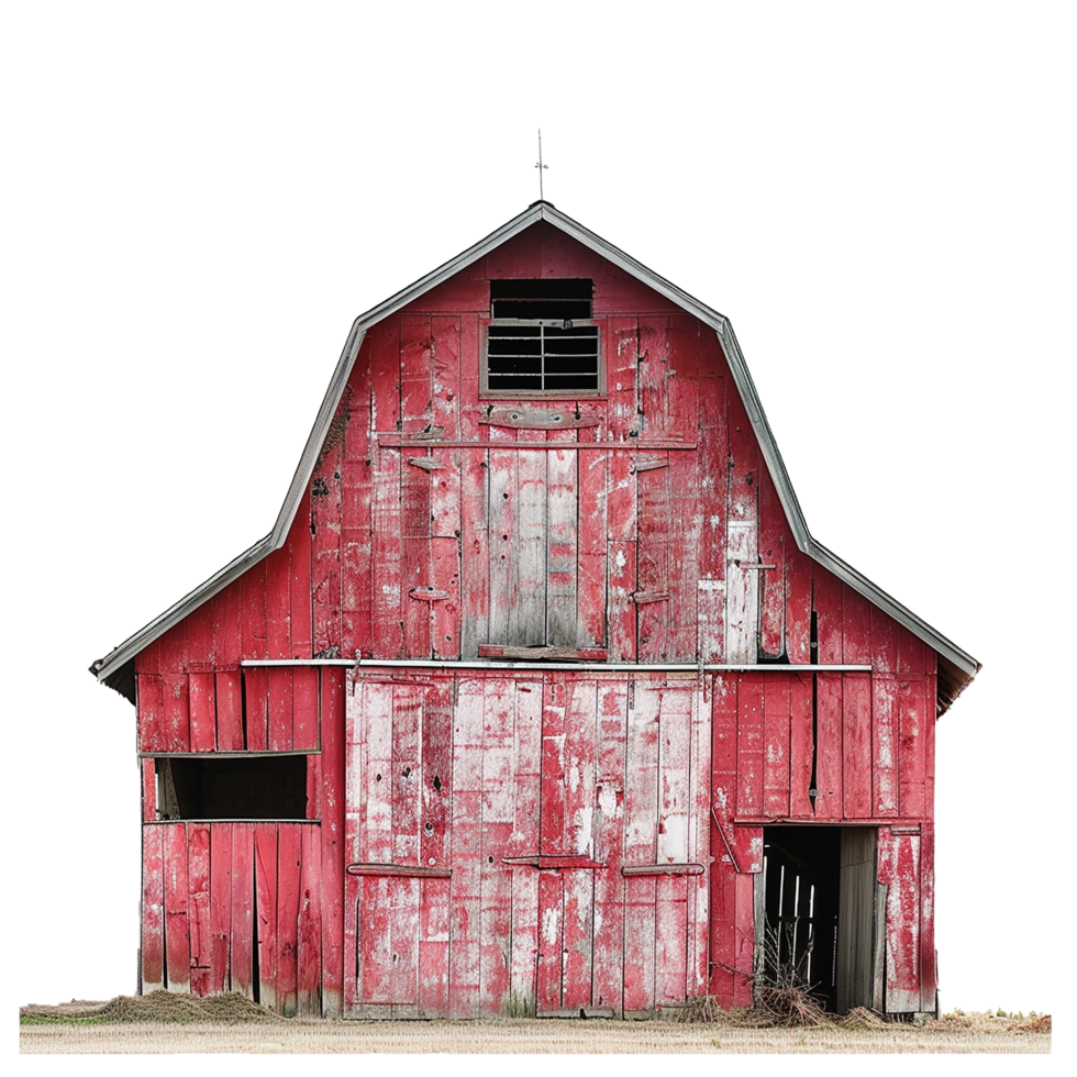 A weathered red barn stands in a rural landscape, showcasing its rustic charm and agricultural history png