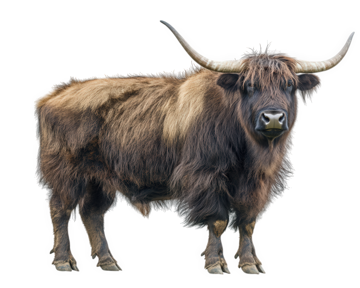 A brown and black yak with long horns png