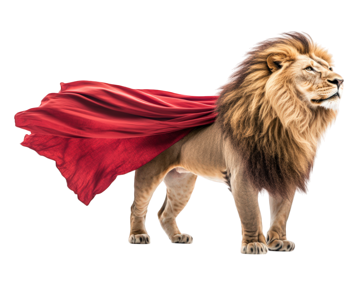 A lion with a red cape standing in front of a black background png