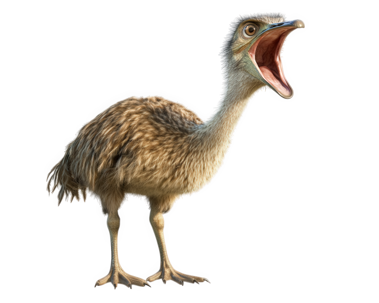 An ostrich with its mouth open and its beak open png