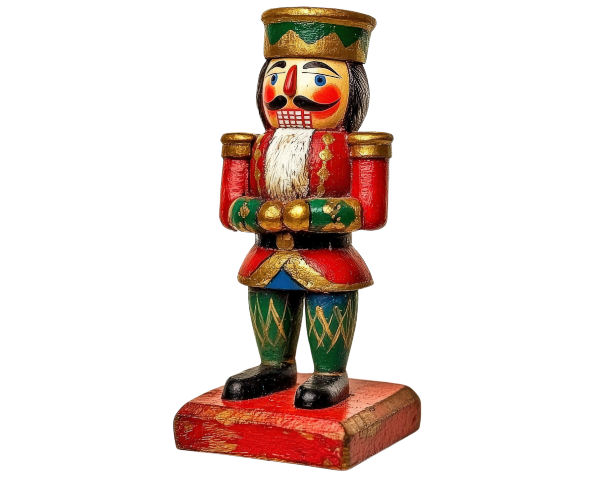 A wooden nutcracker figurine with a red and green coat png