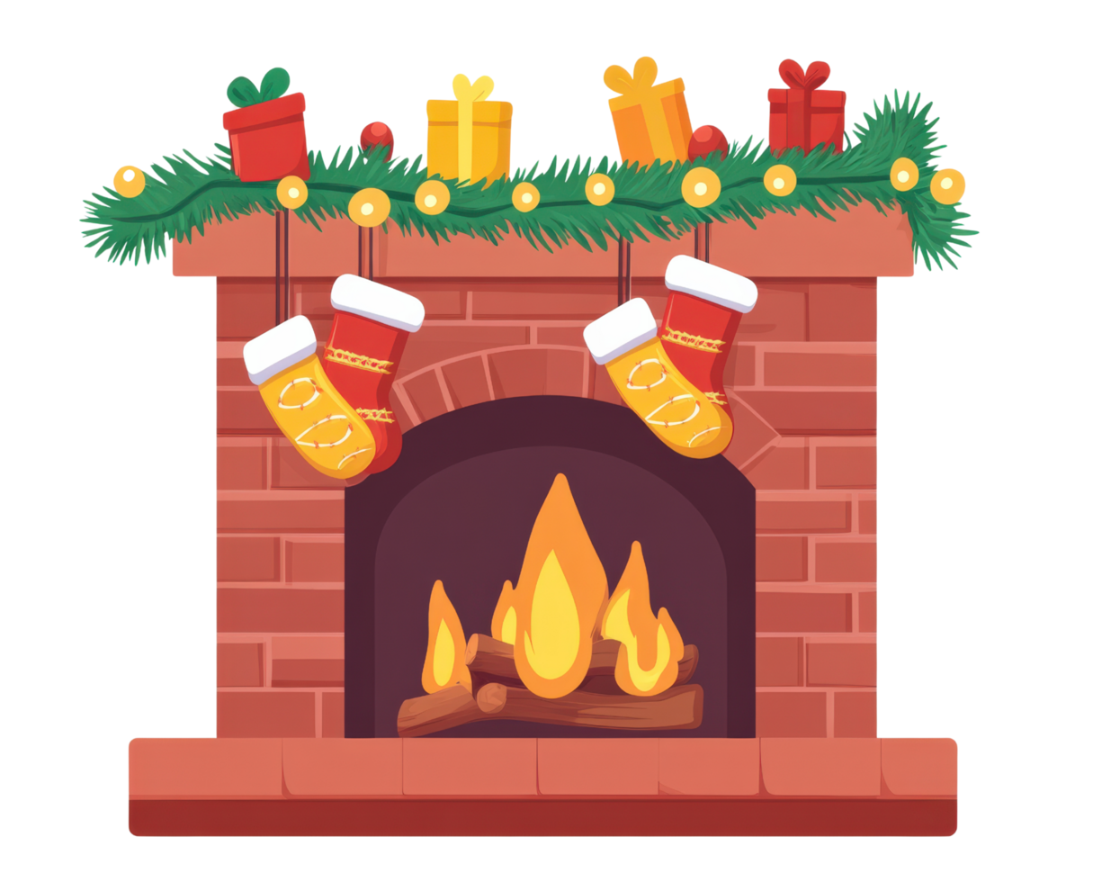 A fireplace with stockings and presents png