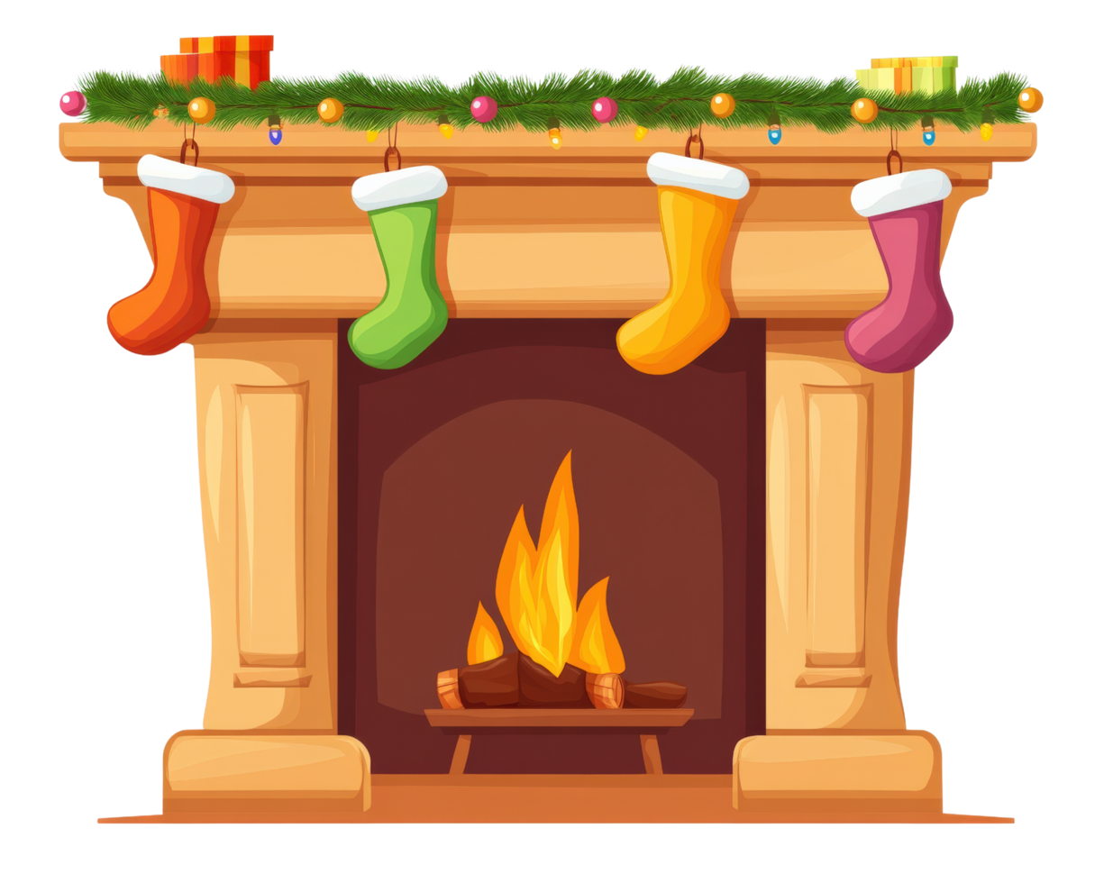 Christmas fireplace with stockings and presents png