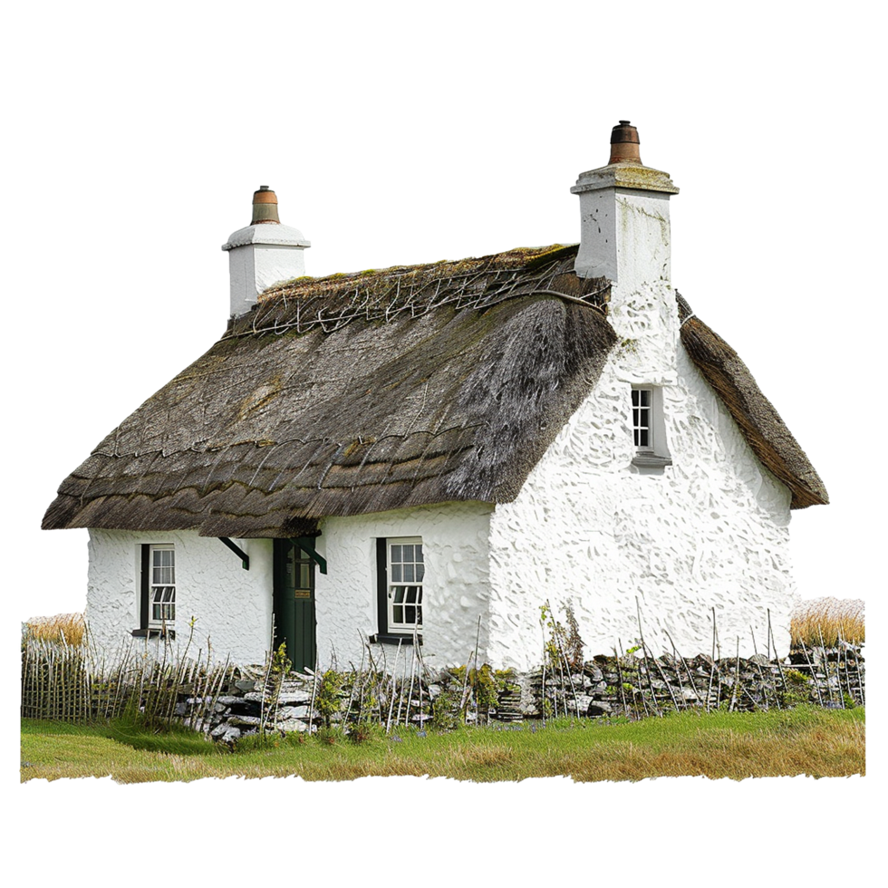 Charming Whitewashed Thatched Cottage with Stone Wall and Green Door png