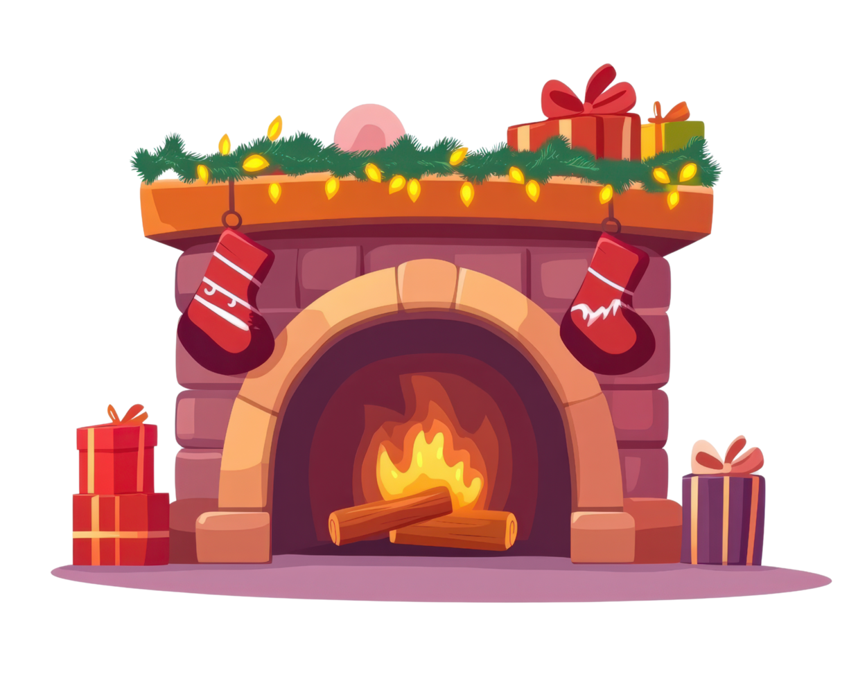 A fireplace with presents and a christmas tree png