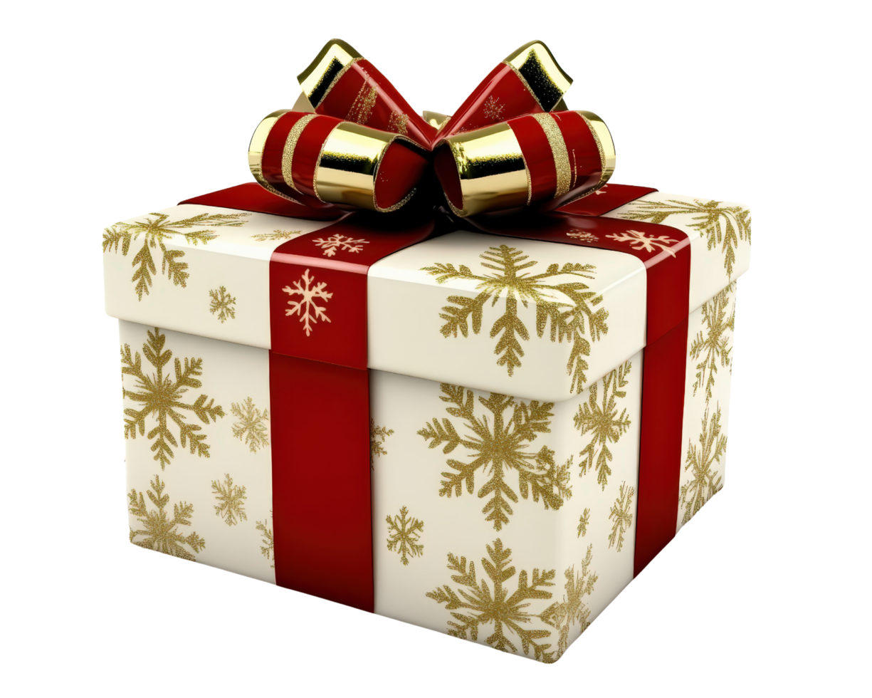 A christmas gift box with a red bow and gold ribbons png