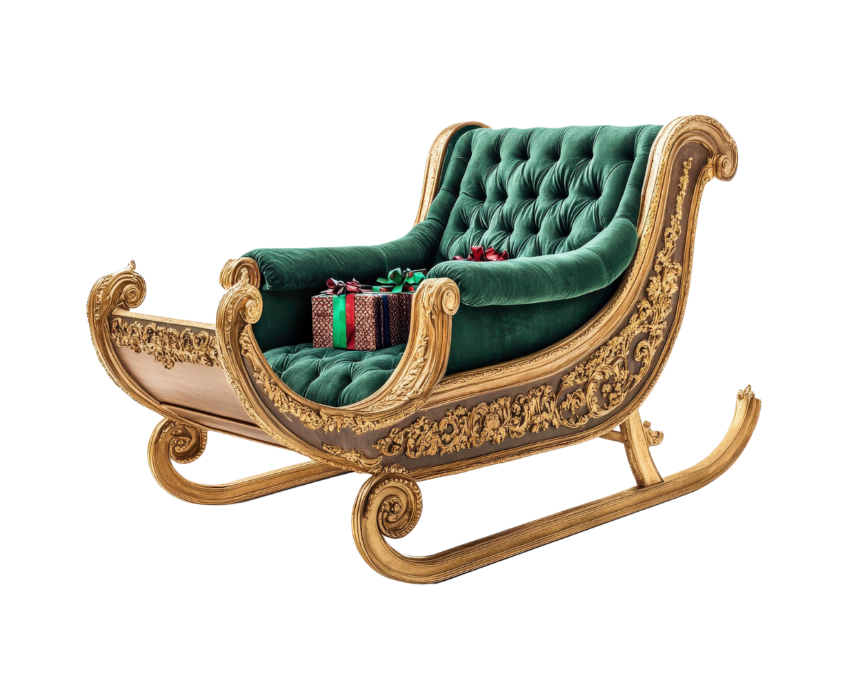 A gold and green santa sleigh with a green velvet seat png