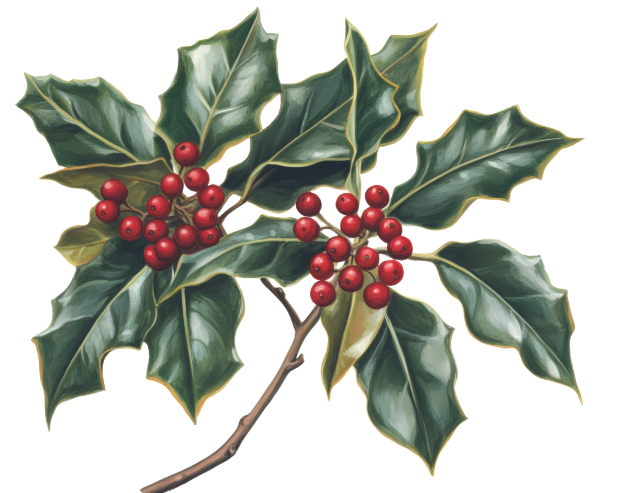 Holly leaves and berries on a branch png