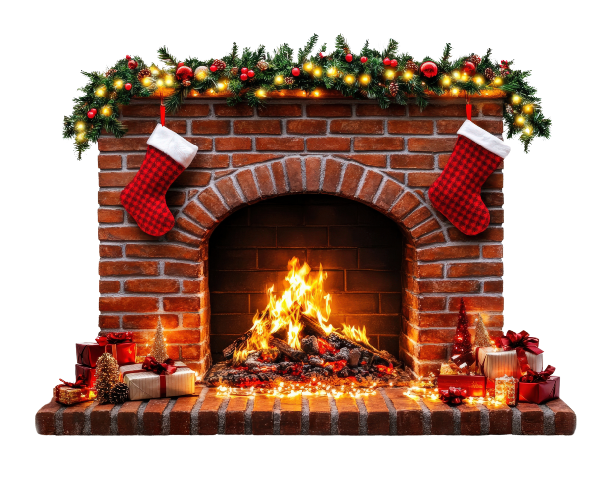 A fireplace with stockings and christmas decorations png