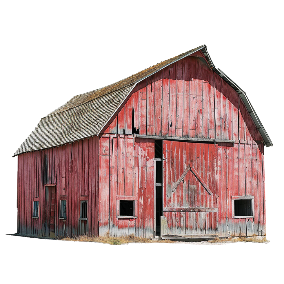 A weathered red barn stands in a field, showing the marks of time and seasons png