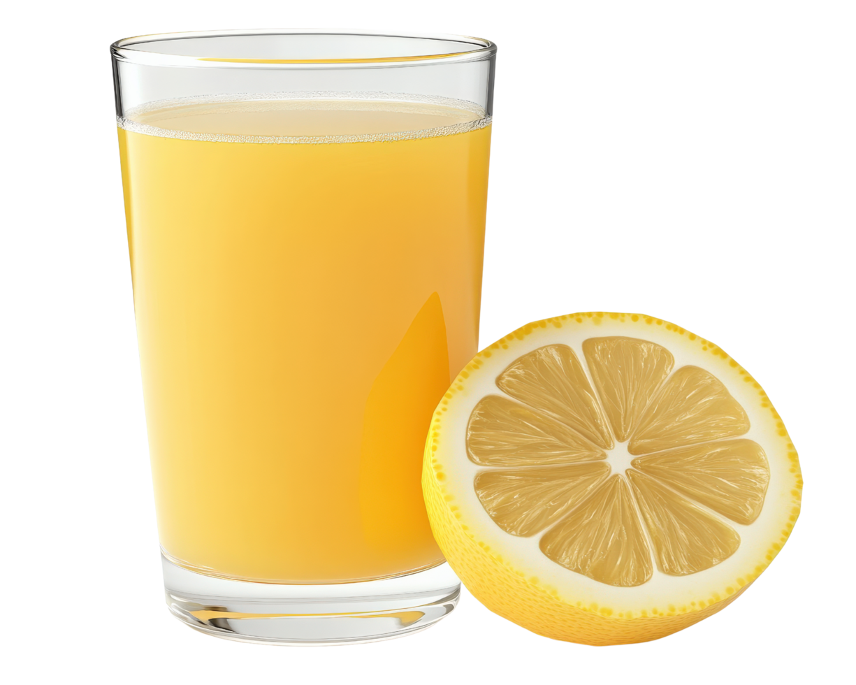 A glass of orange juice and a half lemon png