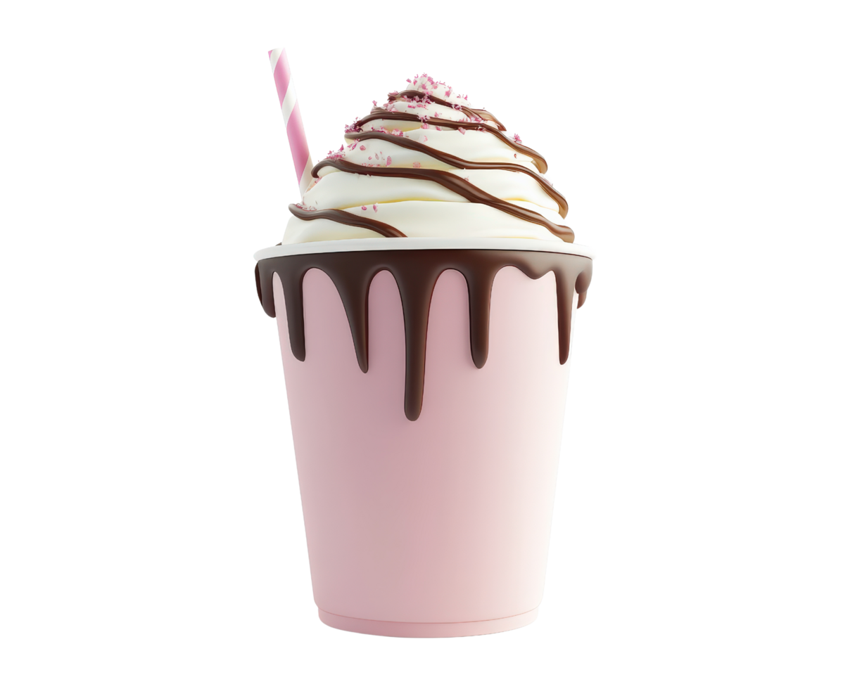 A pink milkshake with chocolate drizzle and a straw png