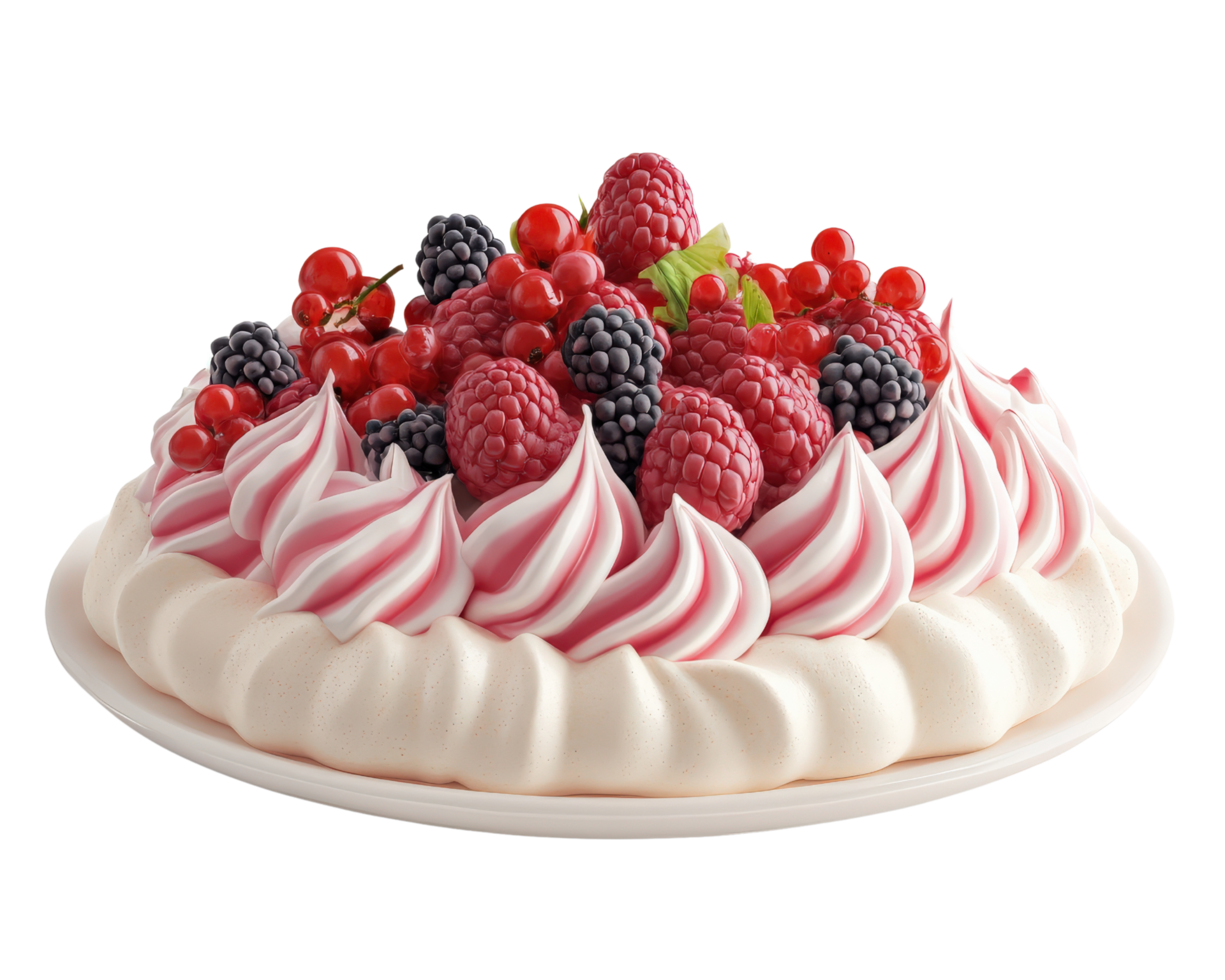 A white cake with berries and whipped cream png