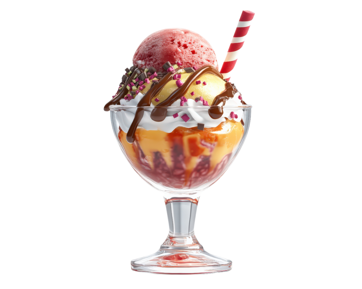 Ice cream sundae with cherry, strawberry, and chocolate png
