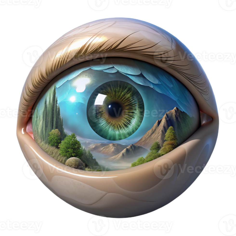 beautiful modern A close-up of a human eye reflecting a natural landscape, surreal style, detailed illustration exclusive png