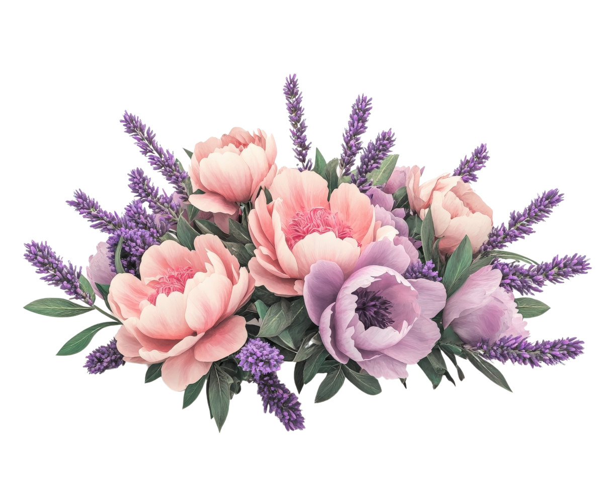 A bouquet of pink and lavender flowers png