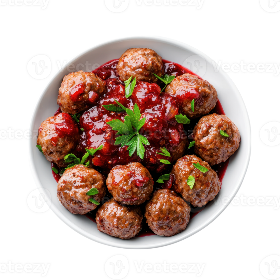 Delicious Swedish meatballs with cranberry sauce and parsley in a white bowl on a transparent background. Top view. png