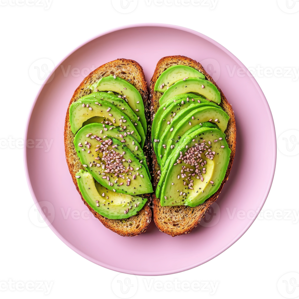 Overhead shot of avocado toast with sesame seeds on a pink plate. Healthy breakfast concept. png