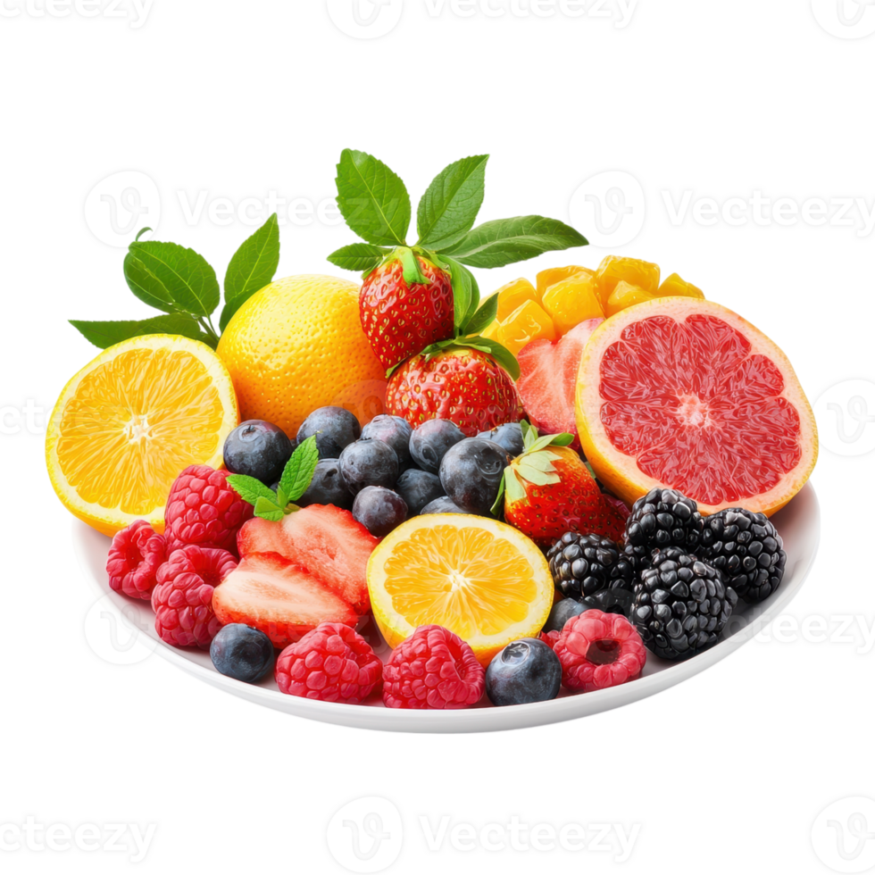 Assorted fresh fruits on a white plate against a transparent background. Includes strawberries, blueberries, raspberries, blackberries, oranges, lemon, grapefruit, and mango. png