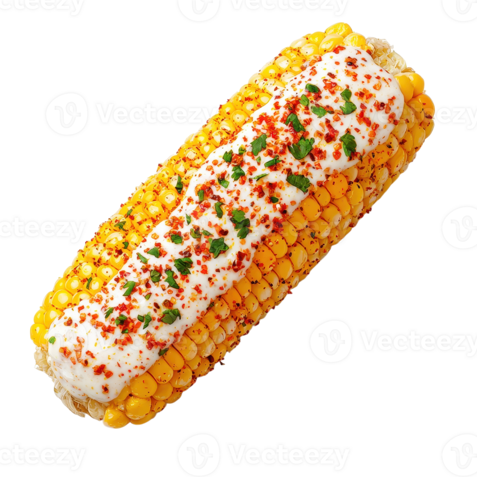 Grilled corn on the cob with white sauce, chili flakes, and parsley on a transparent background. Concept of street food, summer, and healthy eating. png