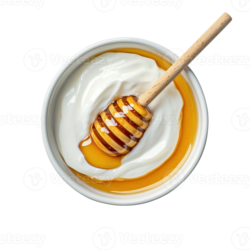 Overhead shot of yogurt with honey and a honey dipper on a transparent background. Healthy breakfast concept. png