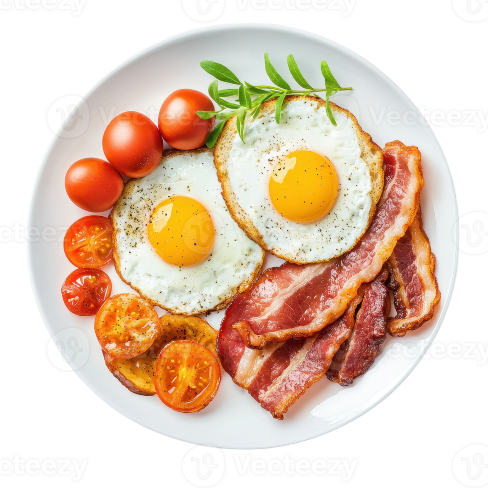 Classic breakfast with fried eggs, bacon, and tomatoes on a white plate. Top view. Concept of healthy eating and balanced diet. png