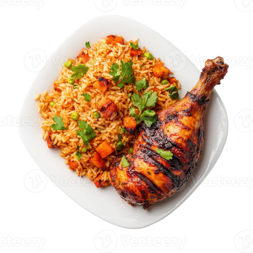 Grilled chicken leg with rice and vegetables on a white plate. Delicious and healthy meal. png