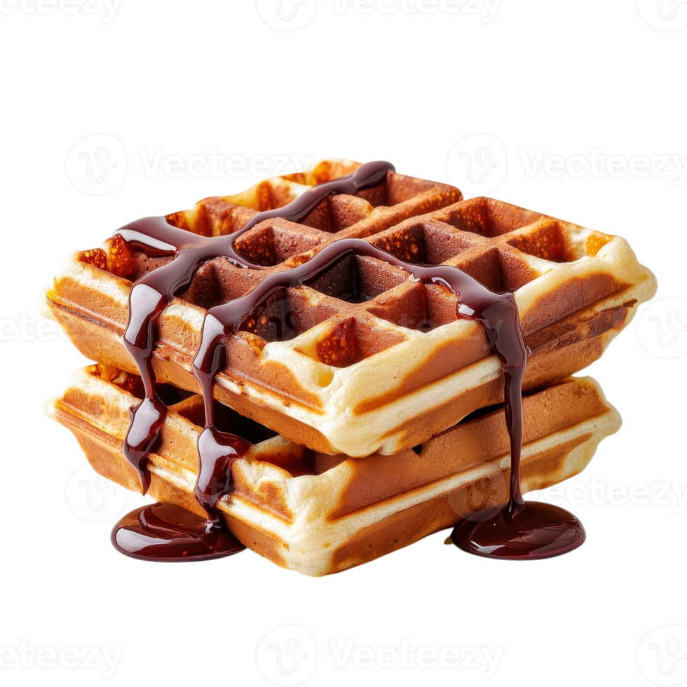Stack of waffles with chocolate sauce on a transparent background. Concept of breakfast, dessert, and sweet treat. png