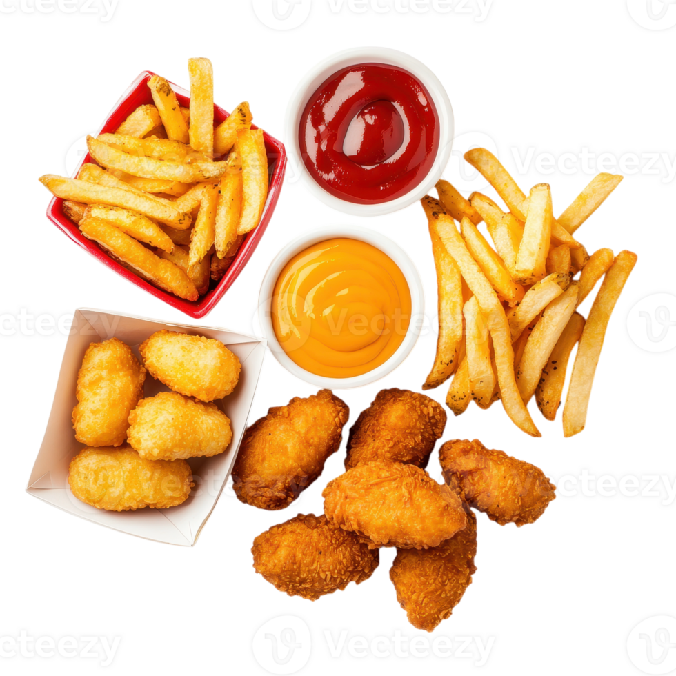 Overhead shot of chicken nuggets, french fries, ketchup, and cheese sauce on a transparent background. Concept of fast food, junk food, and unhealthy eating. png