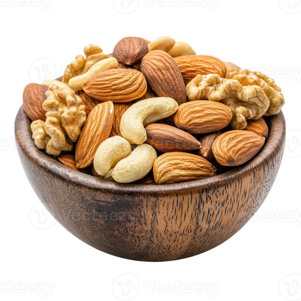 Wooden bowl filled with mixed nuts including almonds, cashews, walnuts, and hazelnuts on a transparent background. Healthy snack concept. png