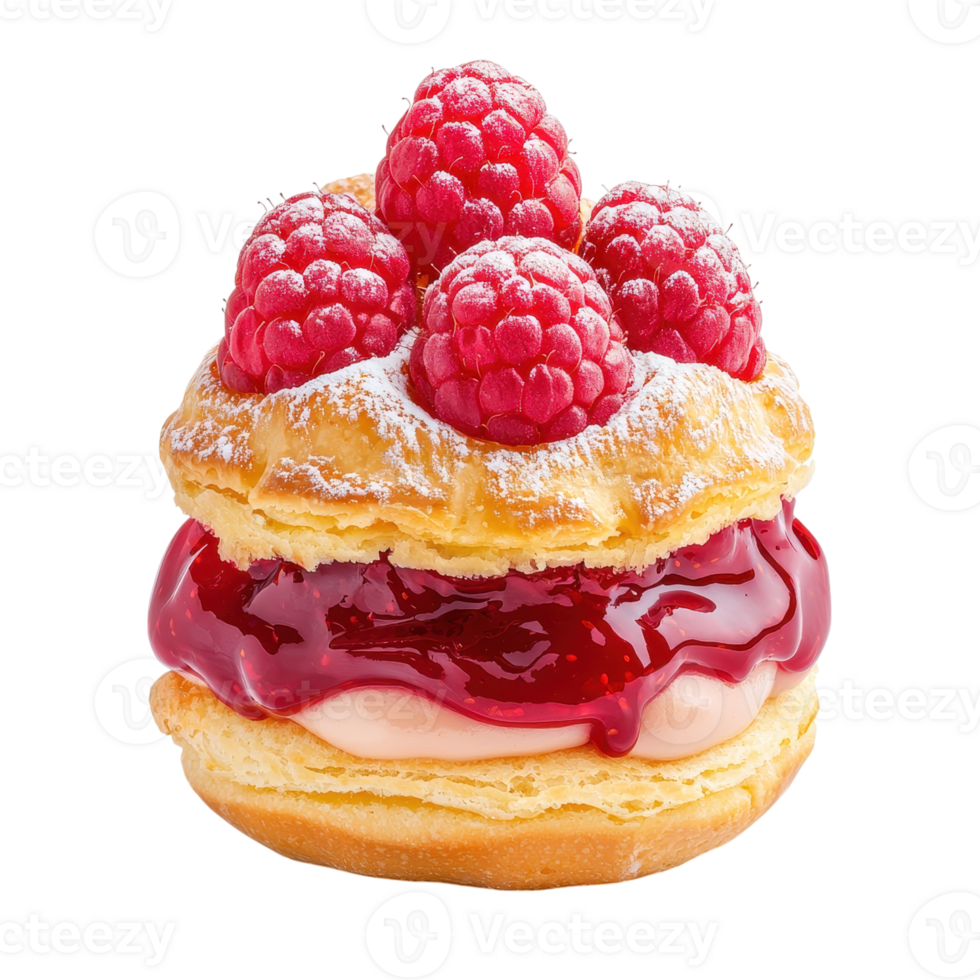 Delicious raspberry pastry with cream and jam on a transparent background. Sweet dessert concept. png