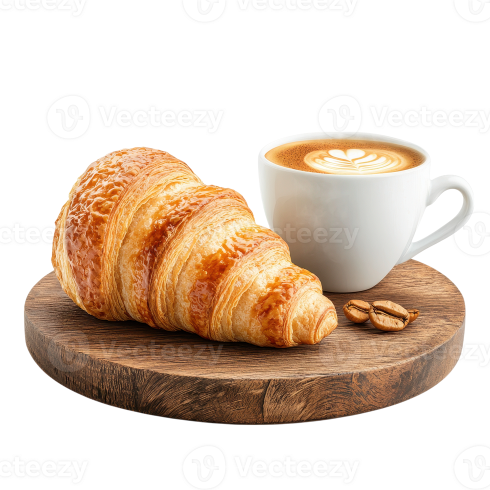 Croissant and coffee on a wooden board against a transparent background. Concept of breakfast, bakery, and coffee shop. png