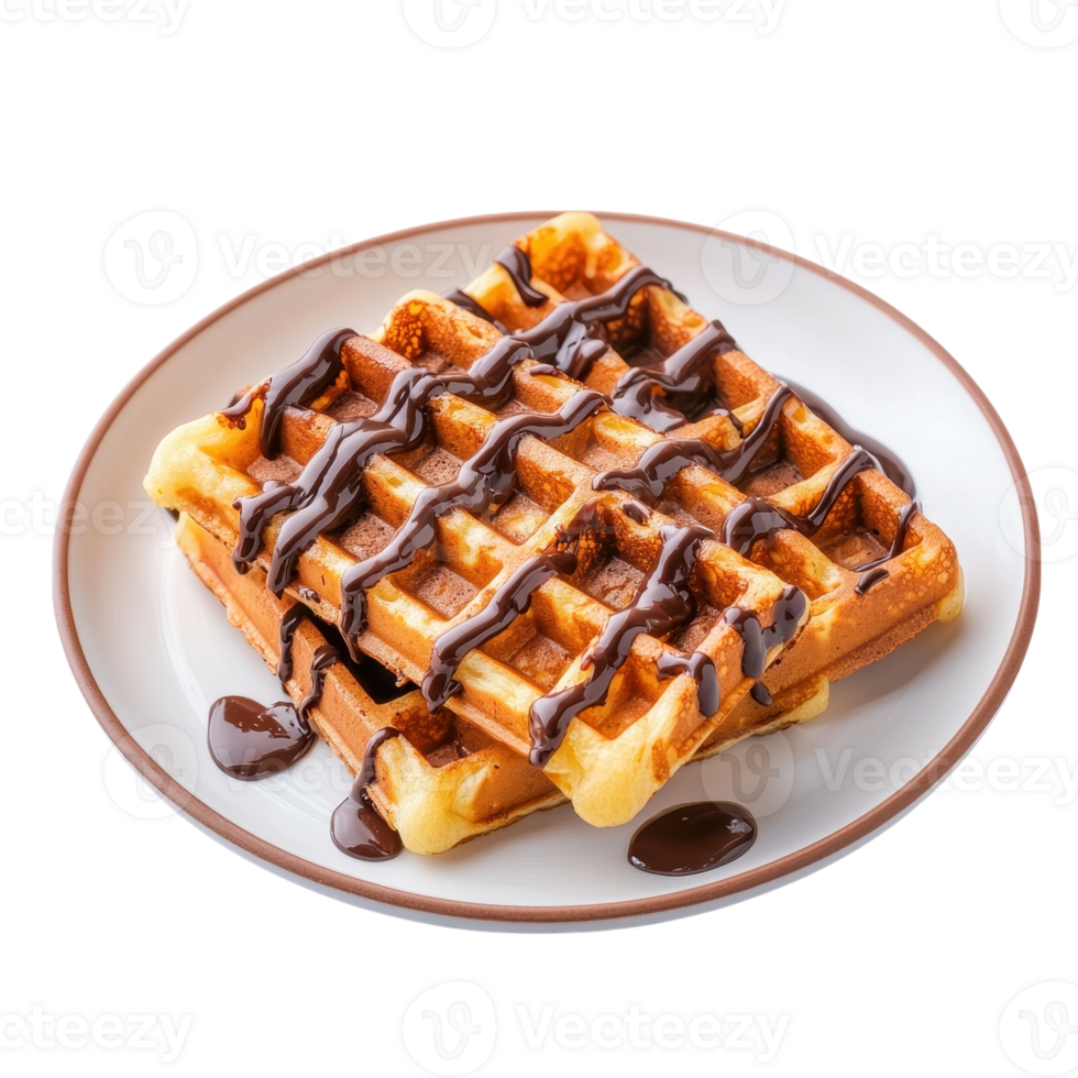 Two waffles on a plate, drizzled with chocolate sauce. Delicious dessert or breakfast. png