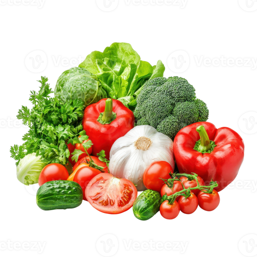 Fresh vegetables on a transparent background. Includes lettuce, broccoli, red peppers, tomatoes, garlic, parsley, and cucumbers. Healthy eating concept. png
