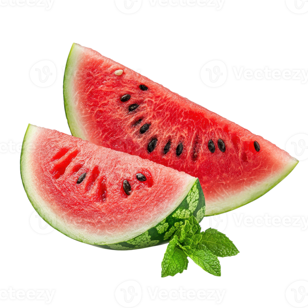 Two slices of fresh watermelon with mint leaves on a transparent background. Concept of summer, fruit, and healthy eating. png
