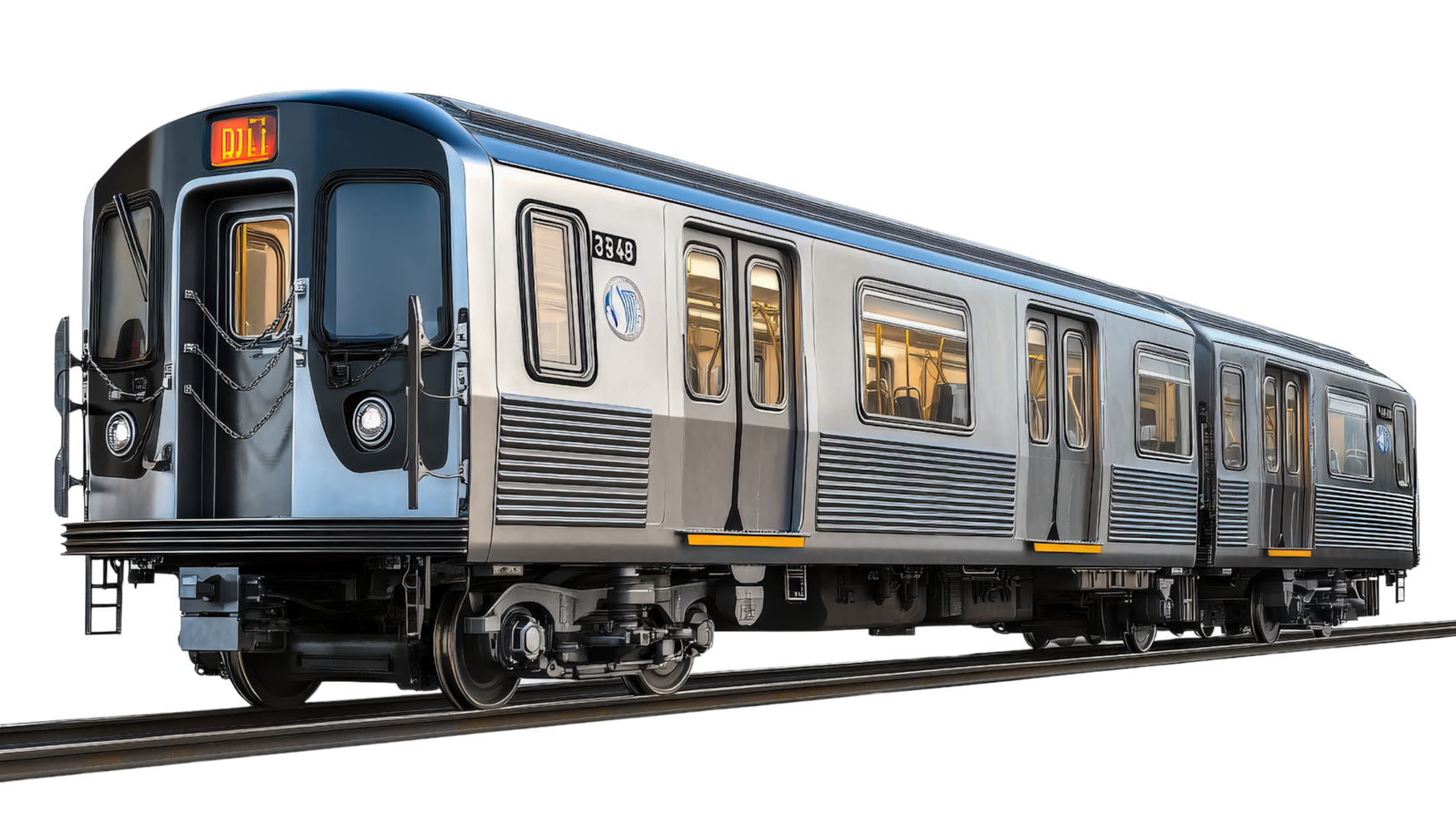A silver and blue train on tracks png