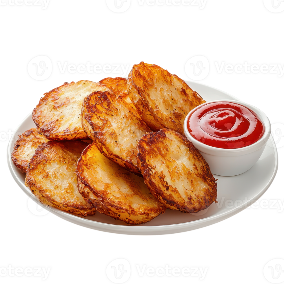 Potato skins with ketchup on a white plate against a transparent background. png