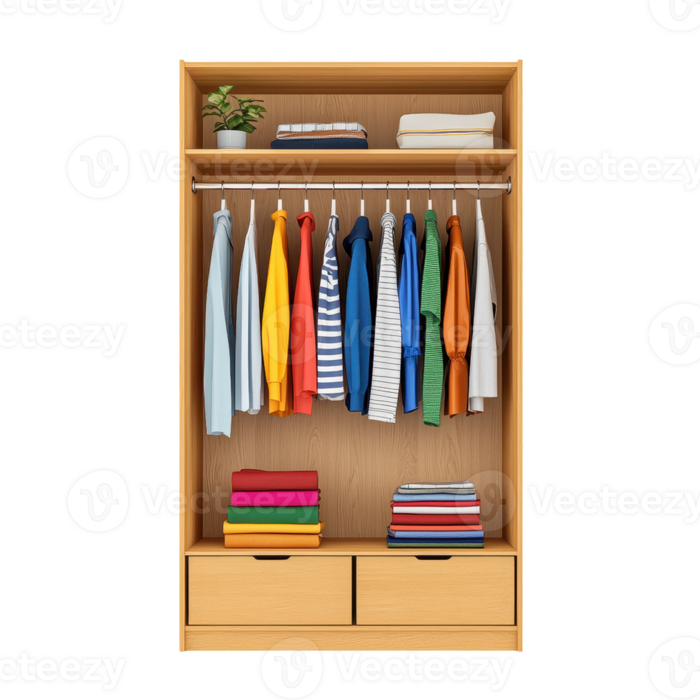 Open wooden wardrobe with clothes hanging on a rod and folded on shelves. Concept of storage, organization, and interior design. png