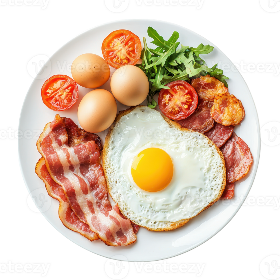 Classic breakfast with fried egg, bacon, tomatoes, and arugula on a white plate. Top view. Concept of healthy eating and balanced diet. png