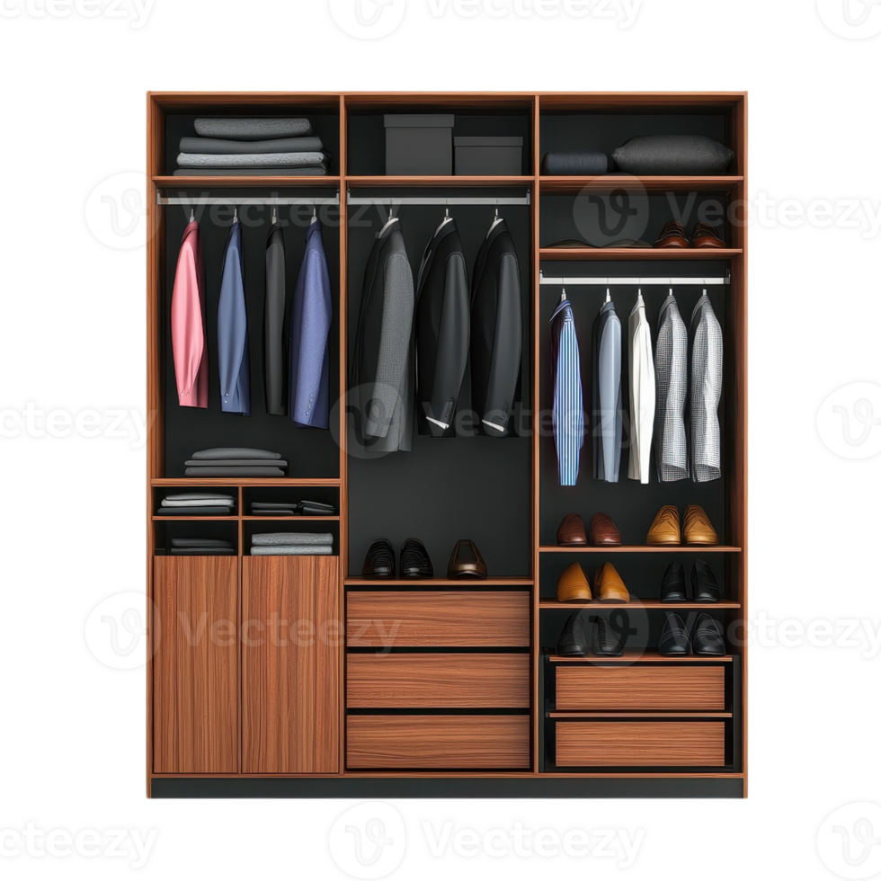 Modern wooden wardrobe with clothes, shoes, and accessories. Interior design and storage solutions concept. png