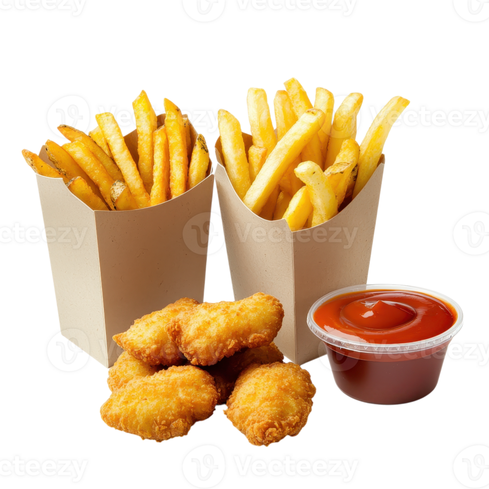 Chicken nuggets, french fries, and ketchup on a transparent background. Fast food concept. png