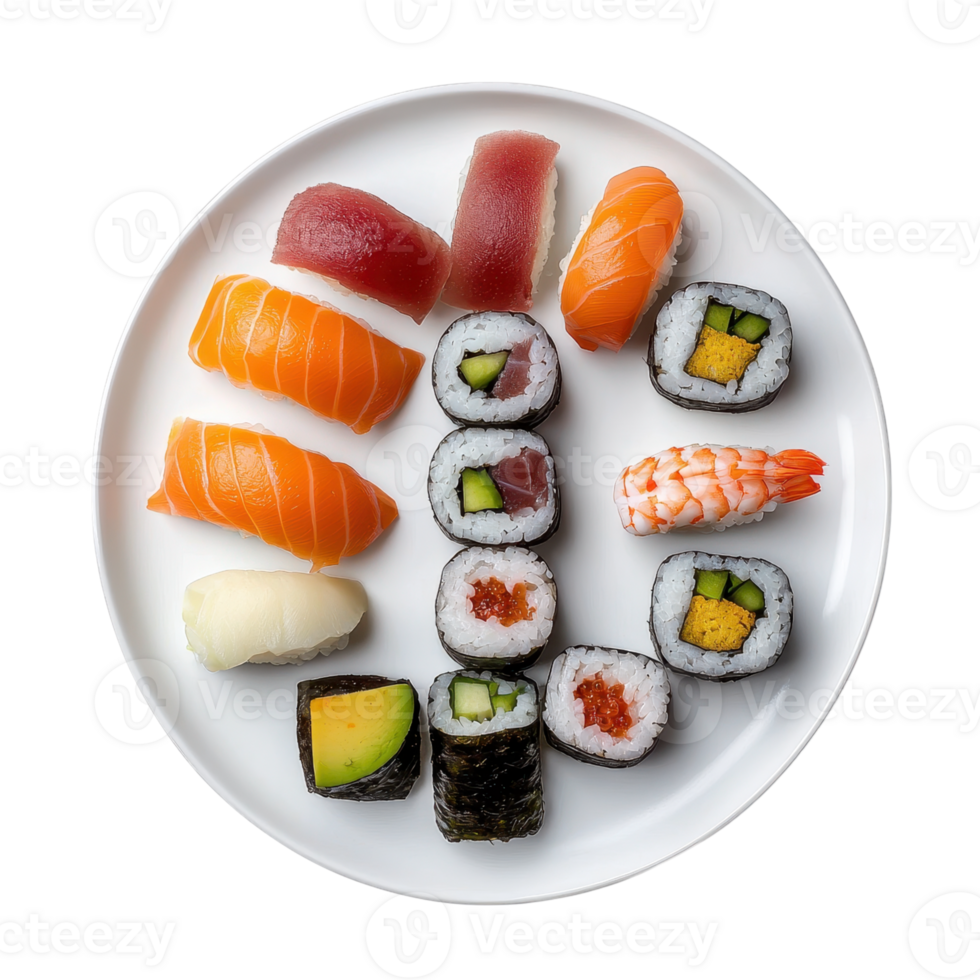 Overhead shot of a sushi platter with assorted nigiri and maki rolls on a white plate against a transparent background. png