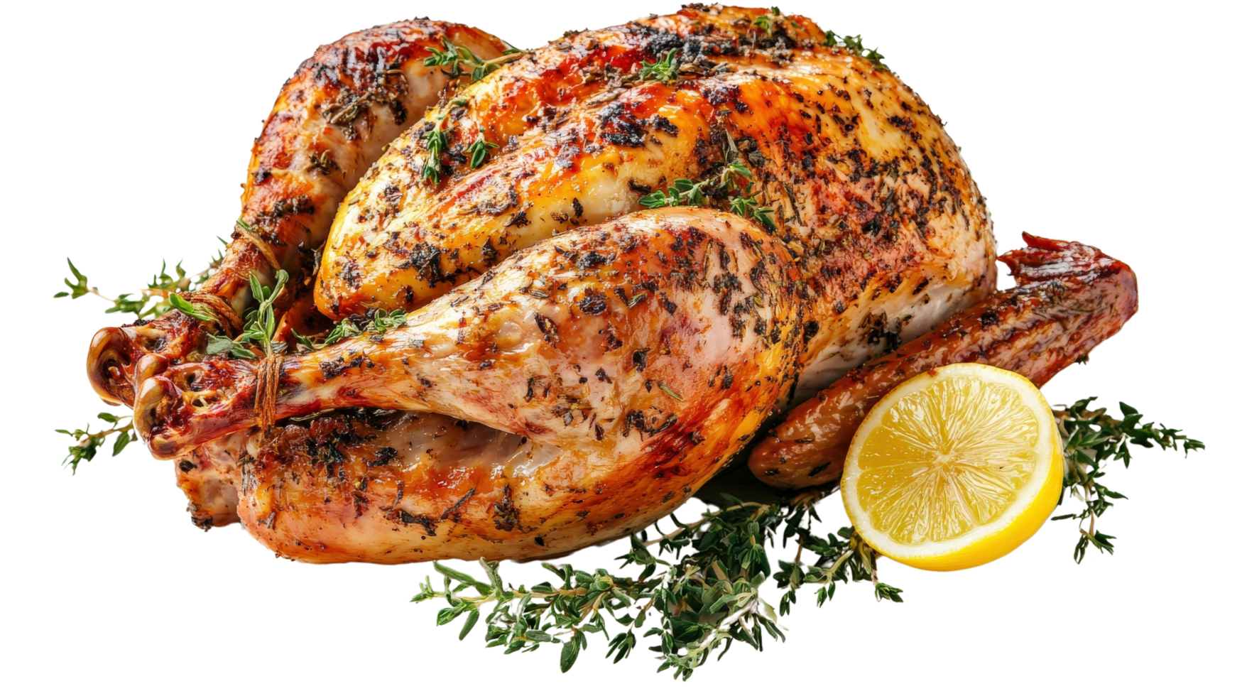A roasted turkey with lemon slices on top png