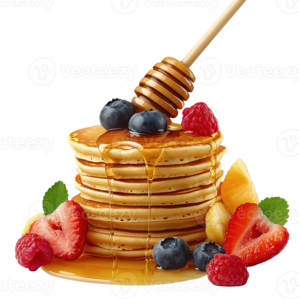 Stack of pancakes with honey, blueberries, raspberries, and strawberries on a transparent background. Concept of breakfast, dessert, and sweet food. png