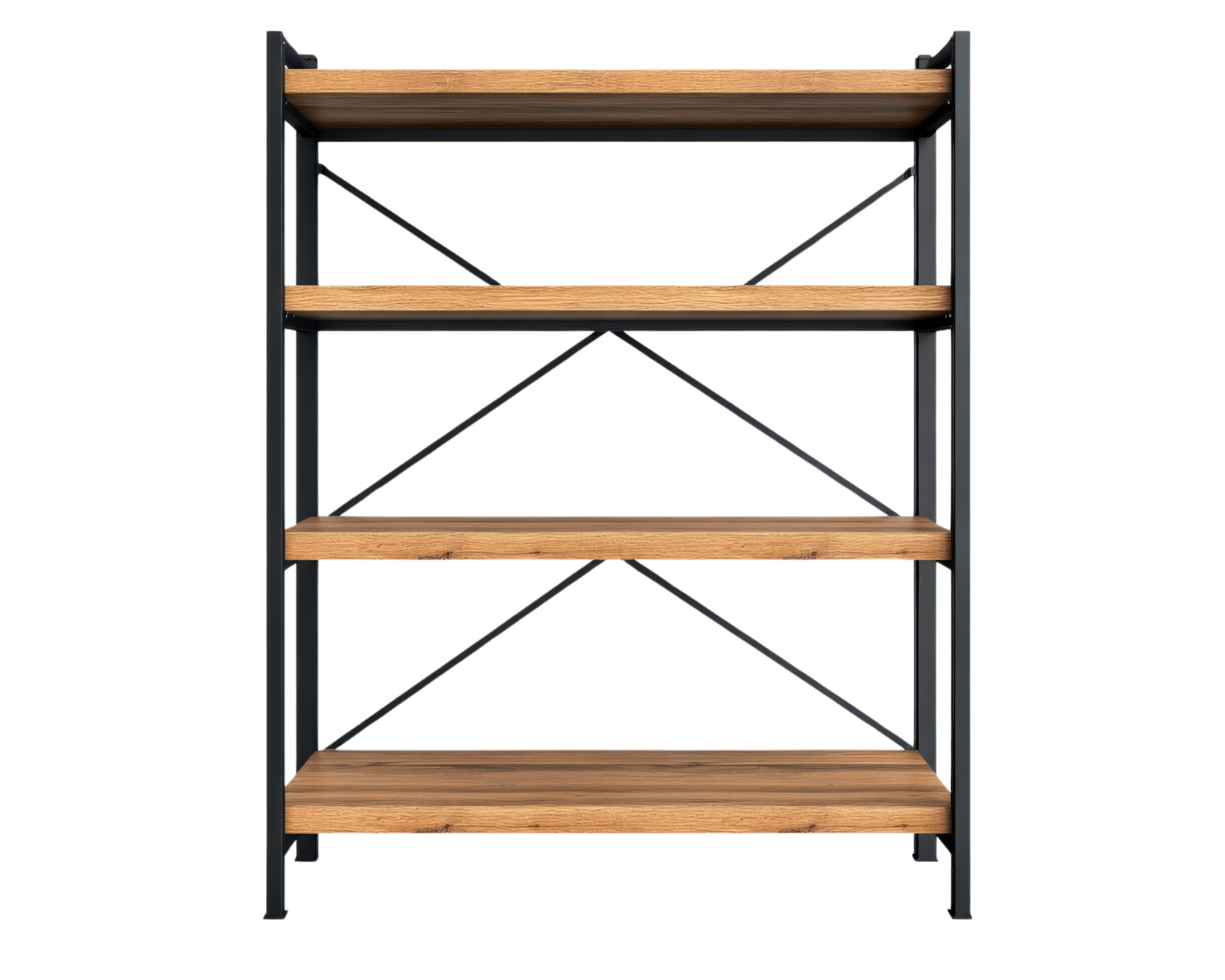 A black and wood shelf with four shelves png