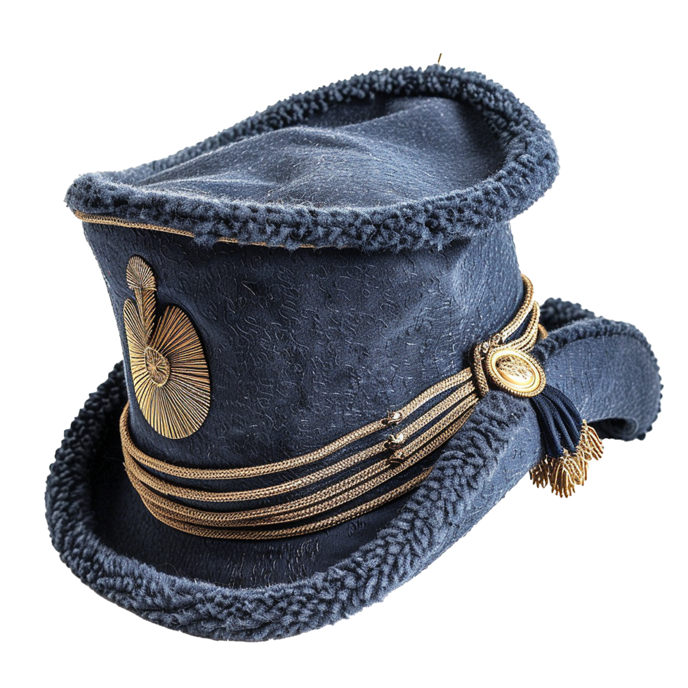 Elegant Blue MilitaryStyle Hat with Gold Accents and Fur Trim png