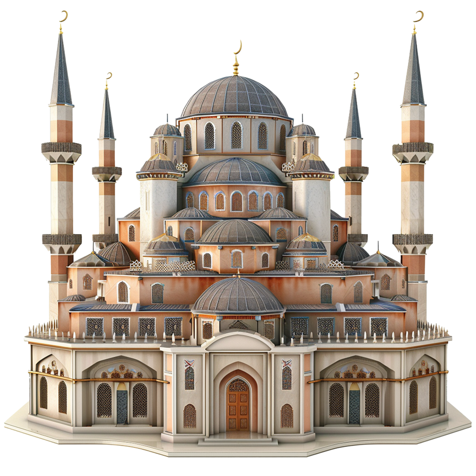 Architectural Rendering of a Grand Mosque with Multiple Domes and Minarets png